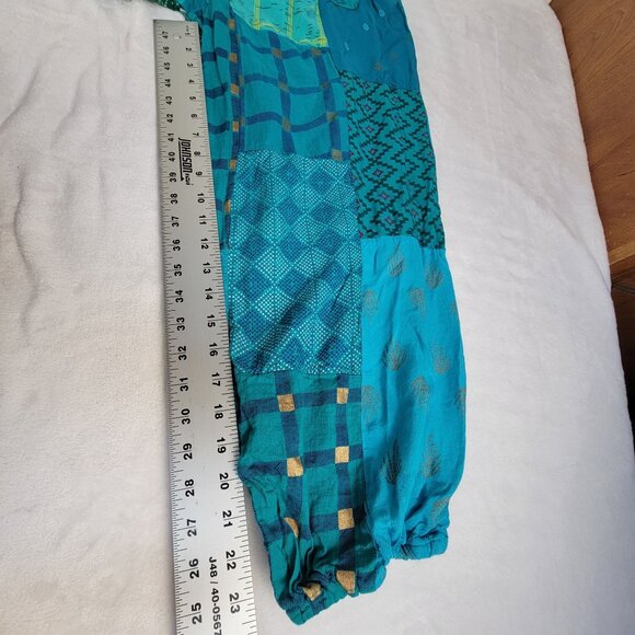 Women's Boho Patchwork Cropped Harem Pants Elastic Waist Rayon Turquoise Green - Picture 8 of 9